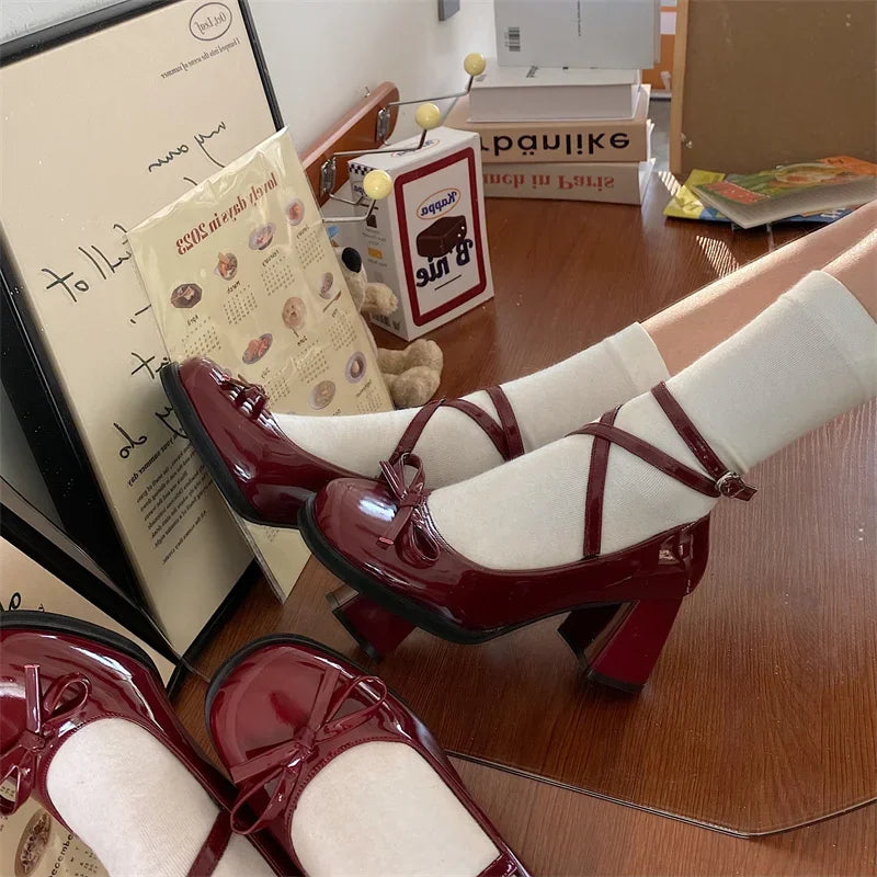 Sohiwoo Red Mary Jane Women Pumps Thick High Heels Shoes Female Lolita Square Toe Shoes Spring Fashion Party Leather Woman Shoes New