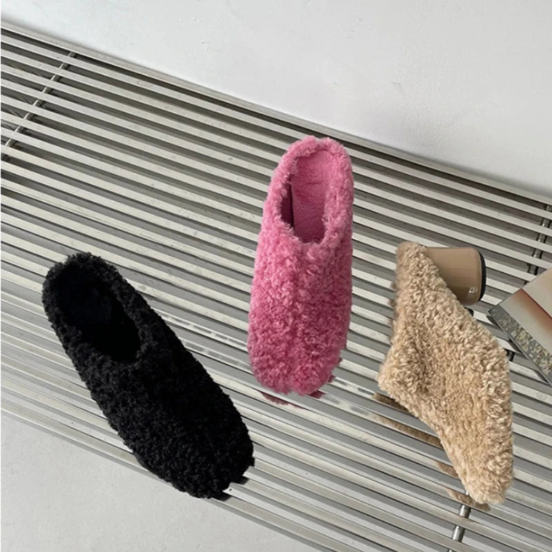 Sohiwoo  Warm Fur Women Mules Slippers Fashion Shallow Thick Heel Spring Autumn Ladies Elegant Party Dress Shoes