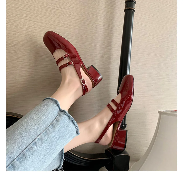 Sohiwoo women Red retro style thick heeled Mary Jane shoes flat medium heeled soft leather single shoes