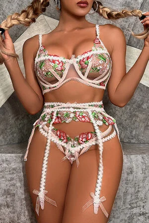 Sweetest Floral Bra, G-String, Garter Set