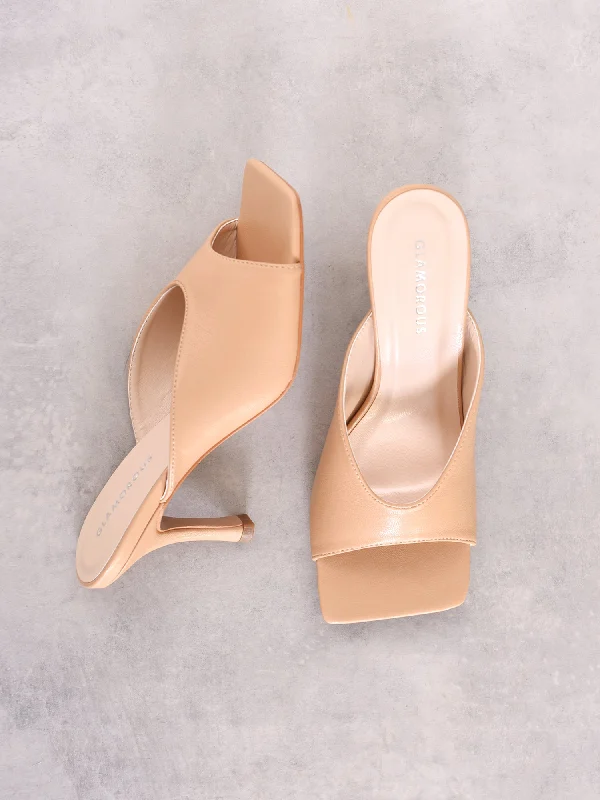 Tan Square Toe Heeled Mules