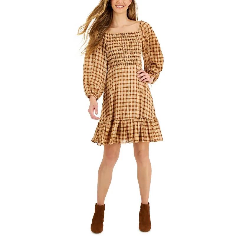 Taylor Womens Petites Plaid Smocked Fit & Flare Dress