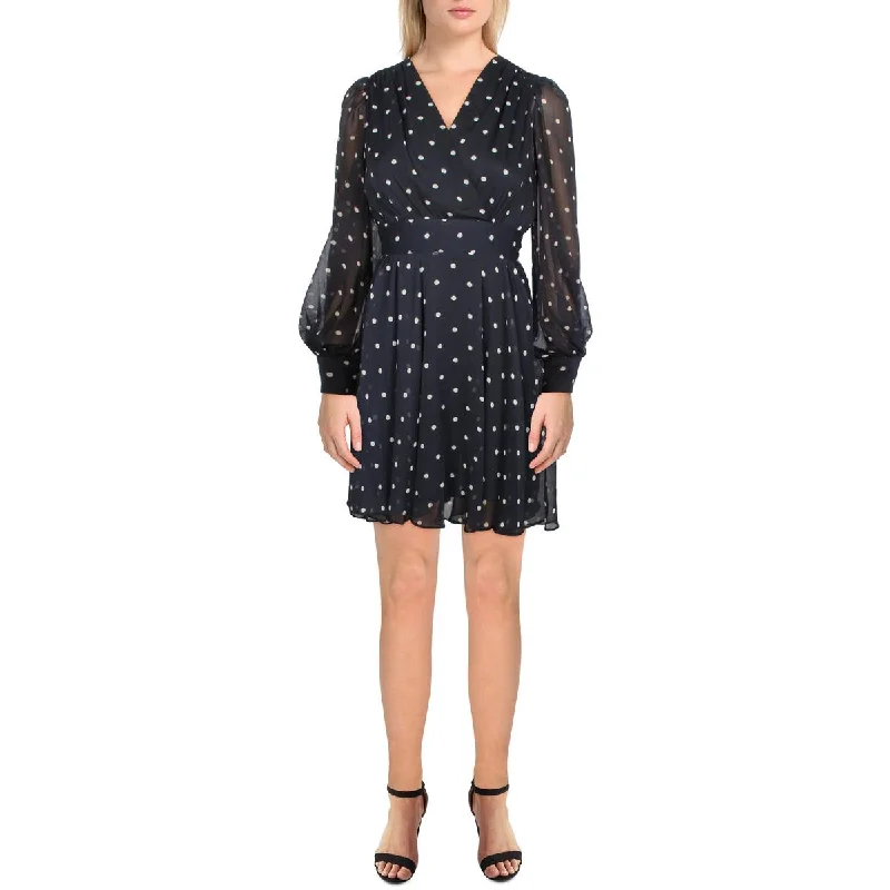 Tommy Hilfiger Womens Petites Chiffon Polka Dot Fit & Flare Dress