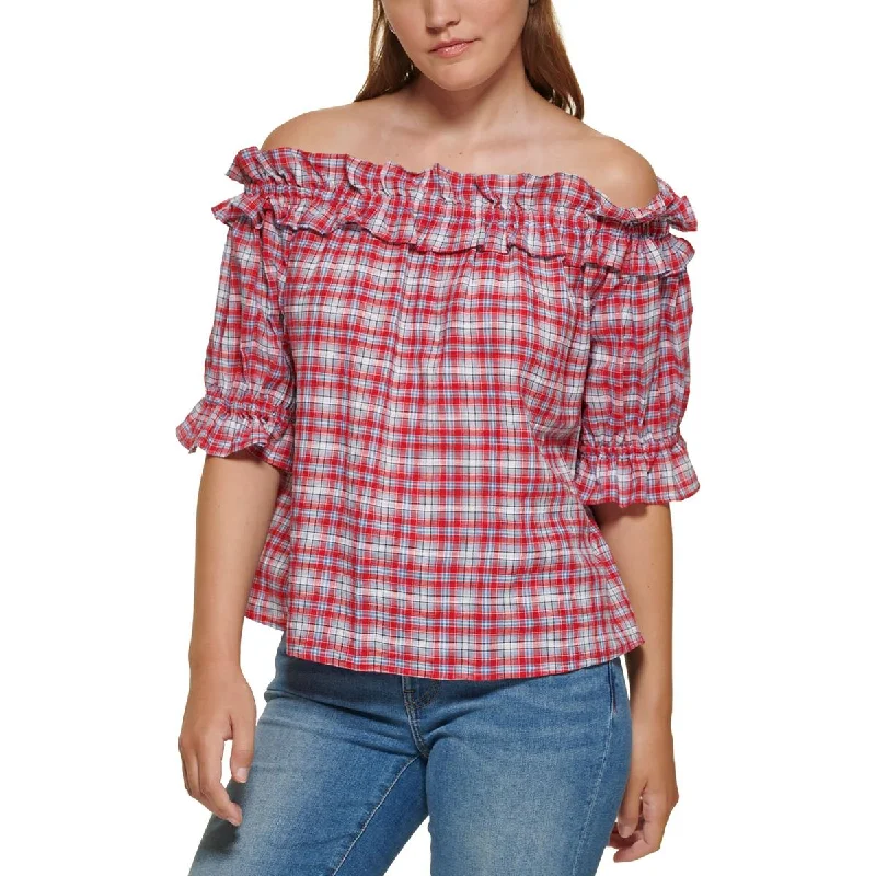 Tommy Hilfiger Womens Ruffled Plaid Blouse