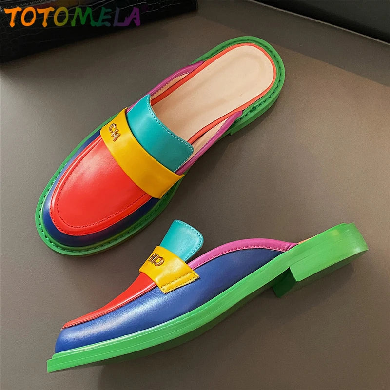 Genuine Leather Shoes Women Slippers Mixed Color Fashion Flat Mules Ladies