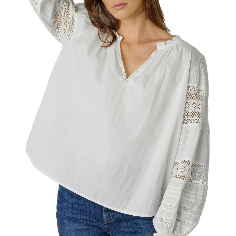 VELVET BY GRAHAM & SPENCER Womens Crochet Sleeves Split Neck Peasant Top