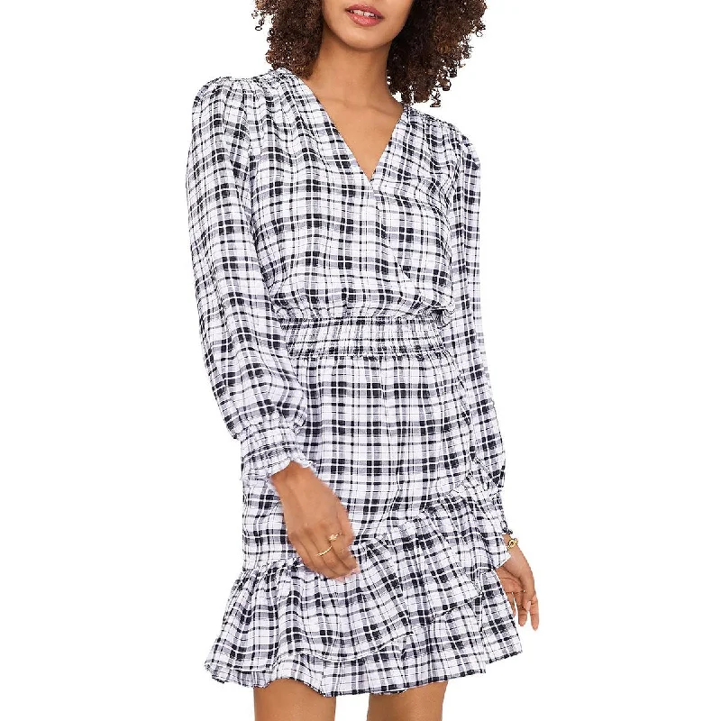 Vince Camuto Womens Plaid Long Sleeves Fit & Flare Dress