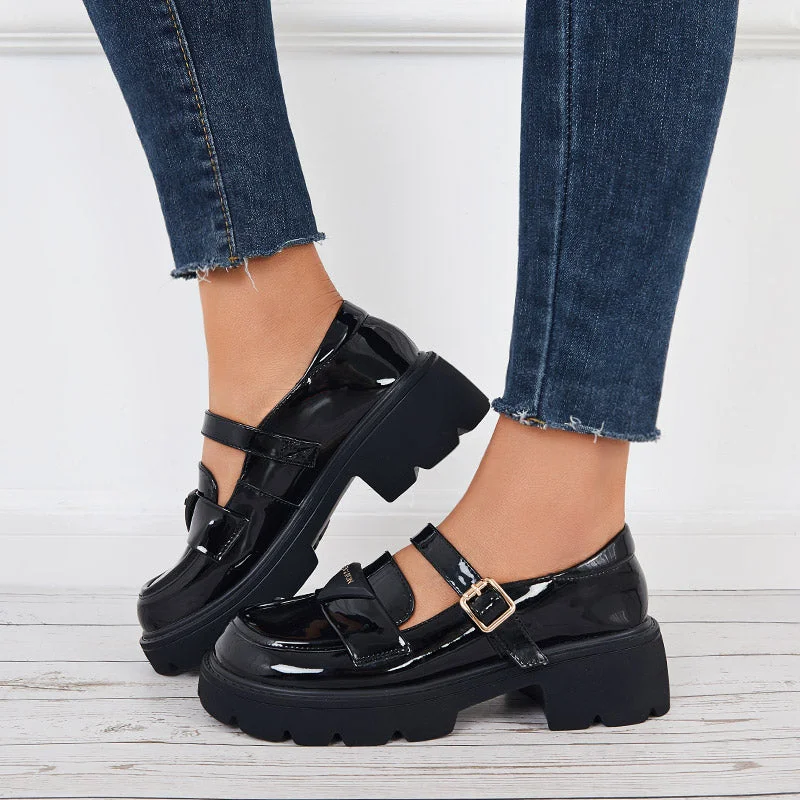 Women Fashion Black Mary Jane Shoes Platform Low Heel Chunky Shoes