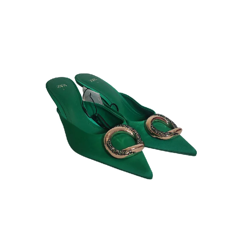 ZARA Green Rhinestone Brooch Mules | Brand New |