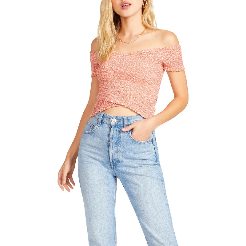 women's top wool -BB Dakota Womens Faux Wrap Smocked Crop Top