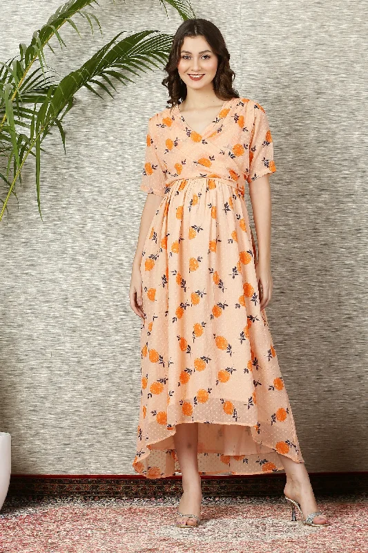 Beautiful Apricot Floral Maternity & Nursing Hi-Low Wrap Dress