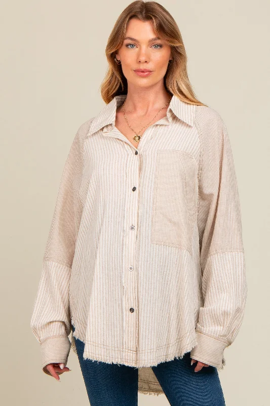 Beige Striped Button Down Oversized Long Sleeve Maternity Top