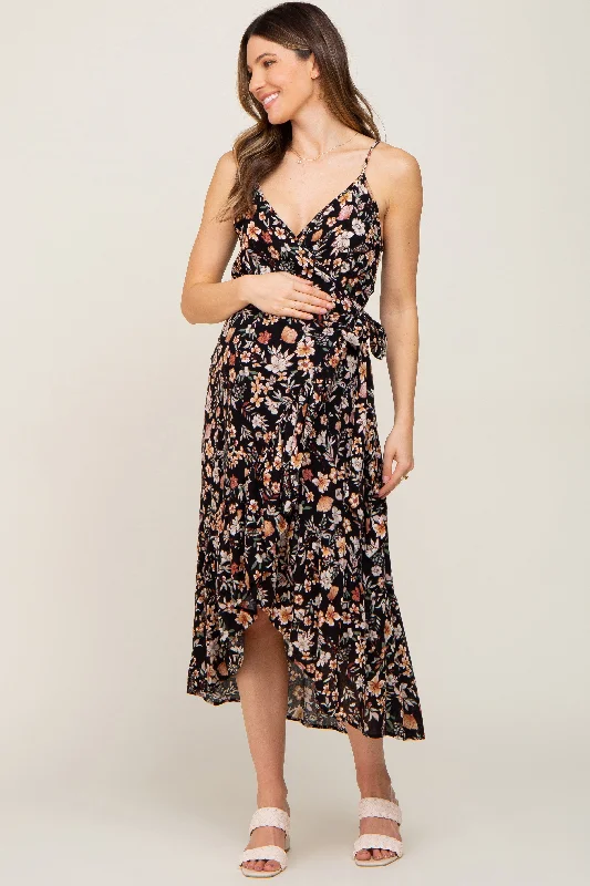 Black Floral Sleeveless Maternity Midi Wrap Dress