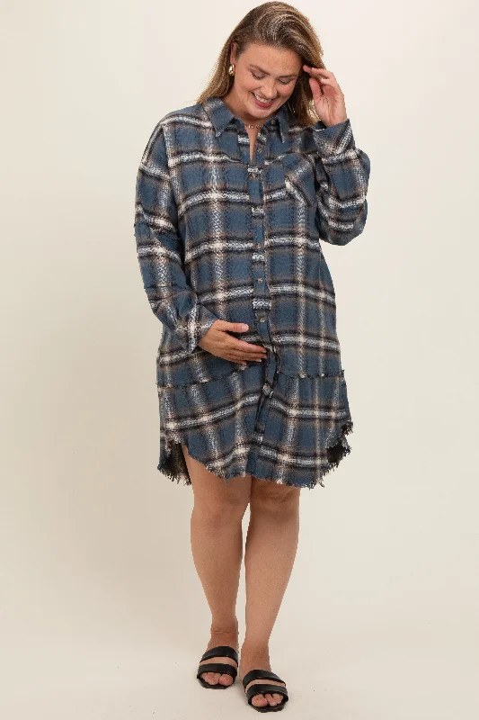 Blue Plaid Button Down Raw Hem Plus Maternity Dress