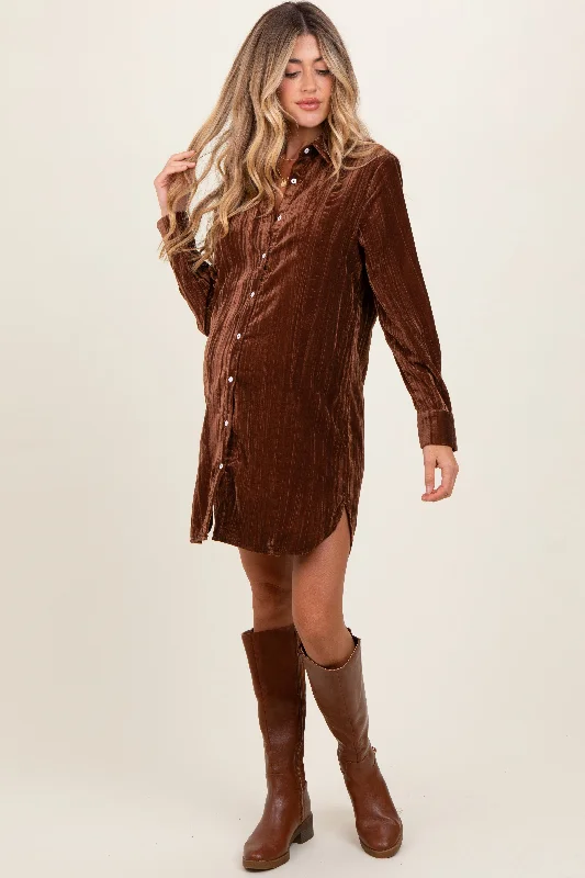 Brown Crinkled Velvet Button Down Maternity Shirt Dress