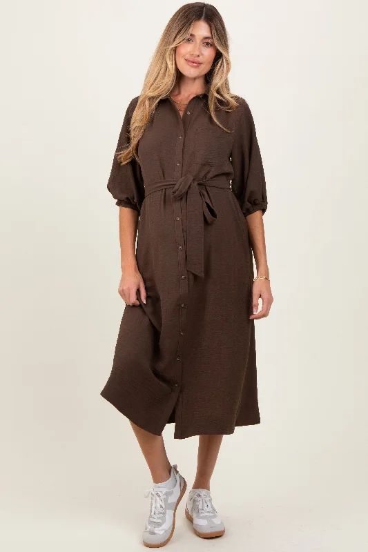 Brown Sash Tie Maternity Midi Shirt Dress