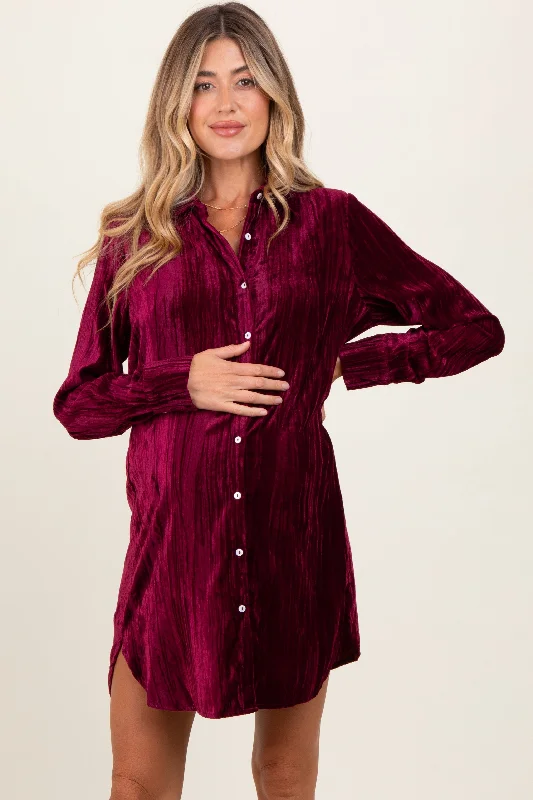 Burgundy Crinkled Velvet Button Down Maternity Shirt Dress