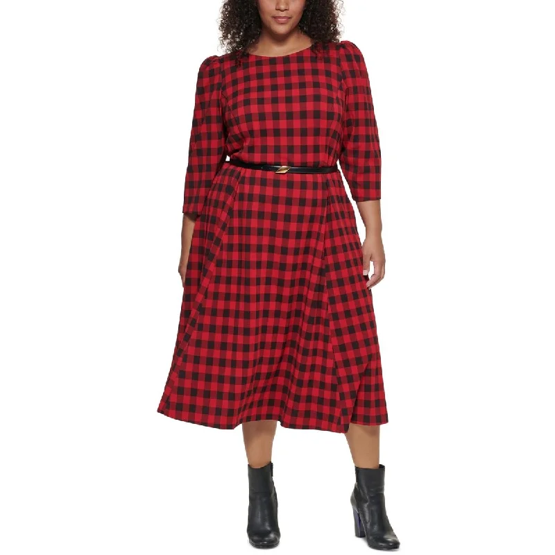 Calvin Klein Womens Plus Buffalo Check 3/4 Sleeves Fit & Flare Dress