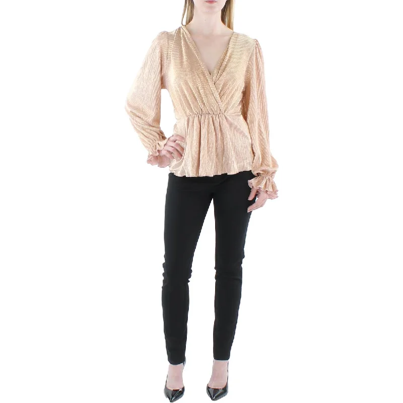 women's top workwear -Chenault Womens Metallic Surplice Peplum Top