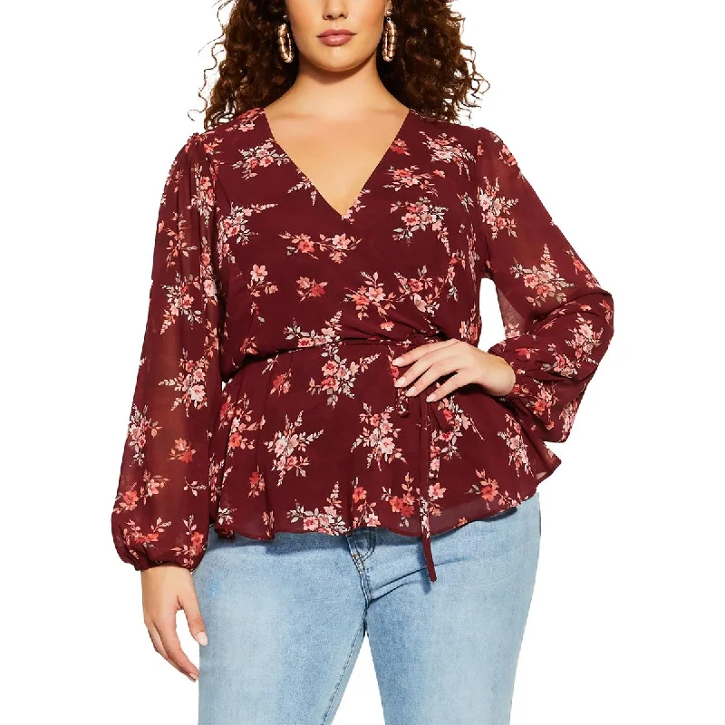 women's top under $50 -City Chic Womens Floral Print Faux-Wrap Wrap Top