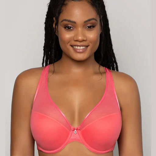 Curvy Couture Sheer Mesh Push Up Bra Sun Kissed Coral