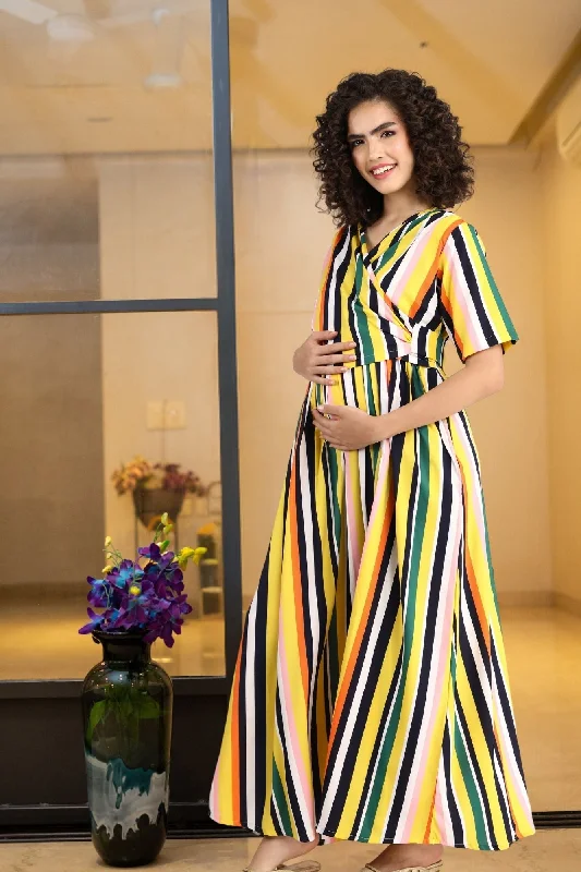 Dual Striped Yellow Maternity & Nursing Wrap Dress