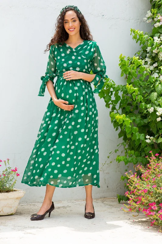 Emerald Dancing Polka Maternity & Nursing Midi Wrap Dress