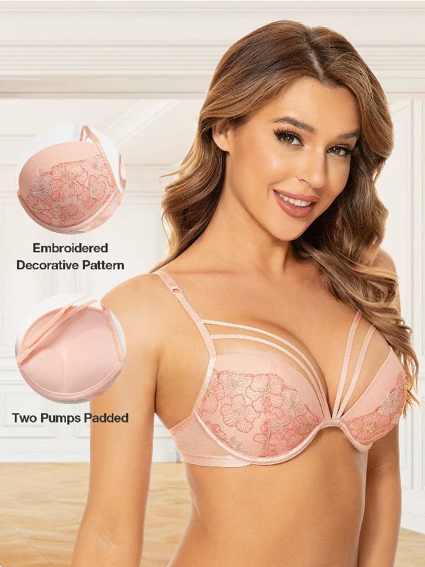 Floral Lace Embroidery Push Up Bra Pink