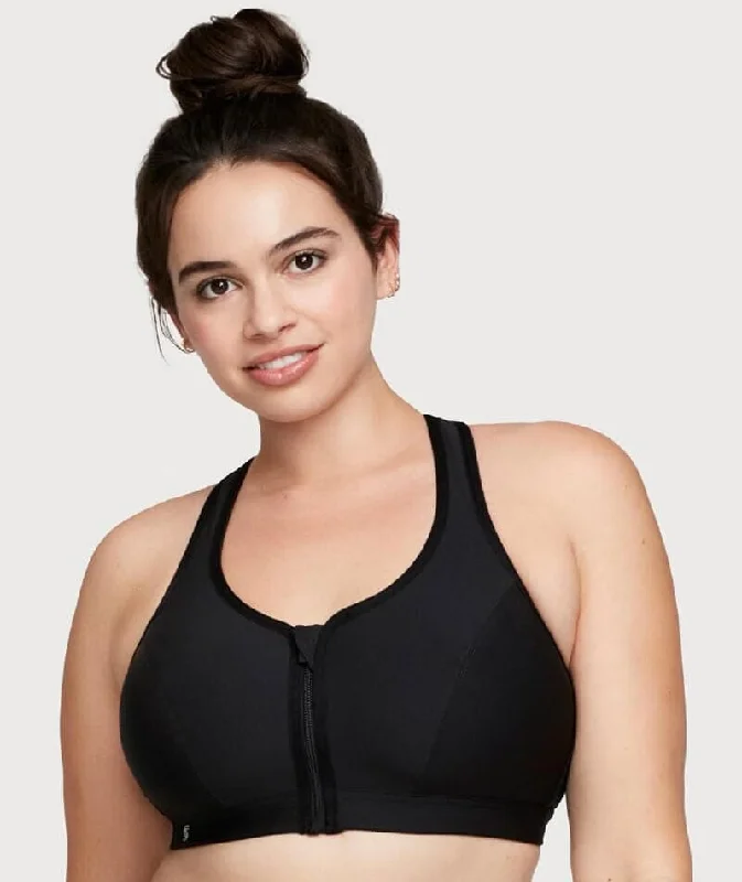 Glamorise Zip Up Front-Closure Wire-Free Sports Bra - Black