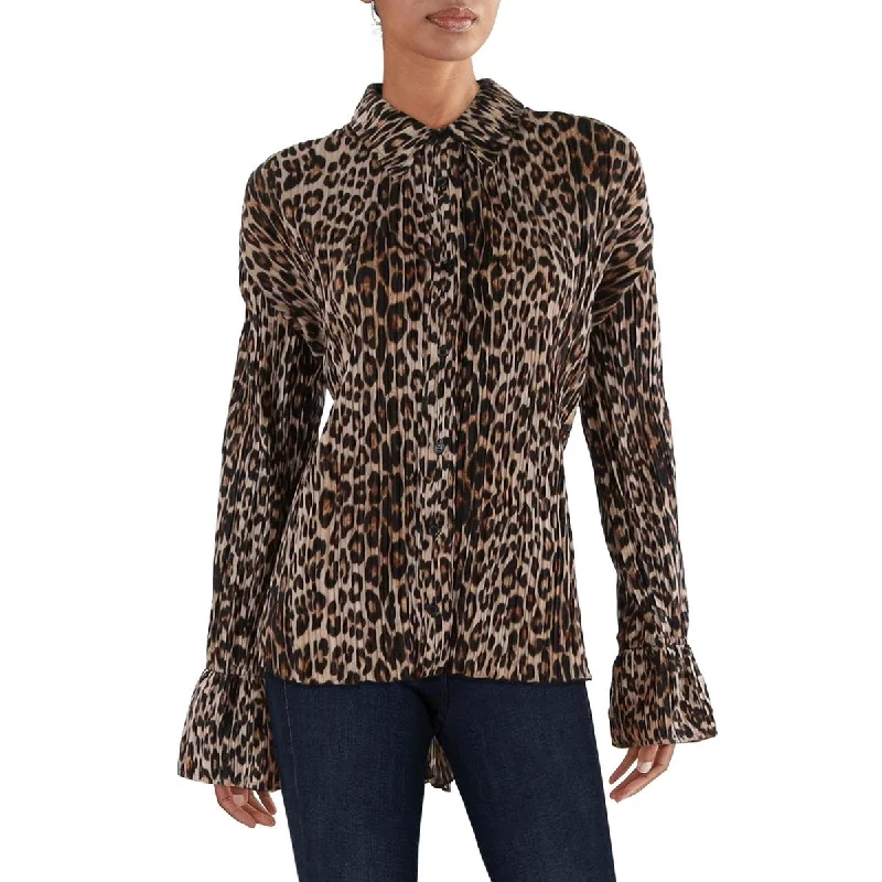 women's top under $100 -Good American Womens Plisse Animal Print Button-Down Top