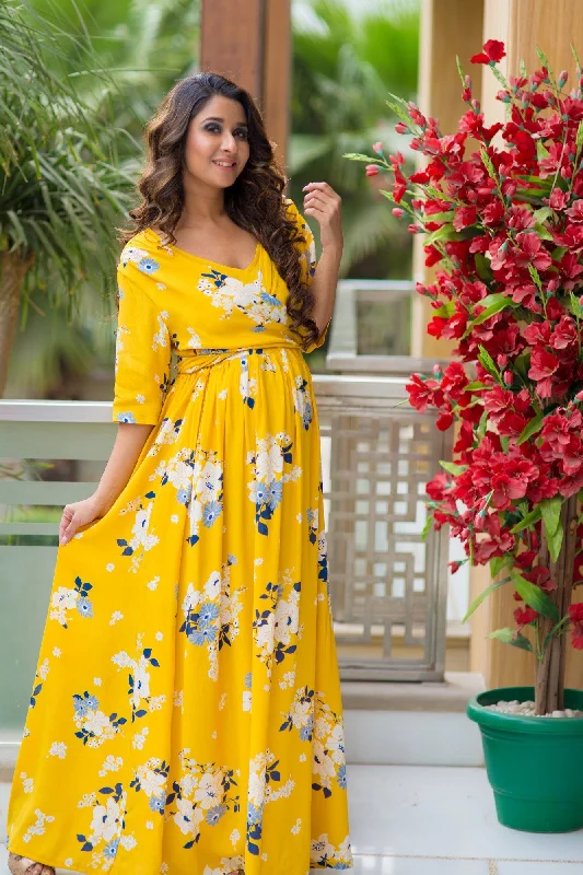 Hello Yellow Floral Maternity & Nursing Crepe Wrap Dress