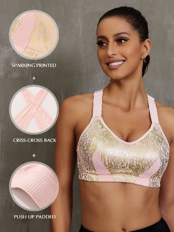 High Impact Sparkly Padded Racerback Bras Pink