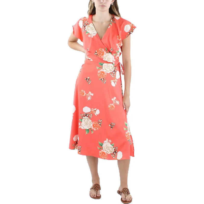 INC Womens Satin Floral Wrap Dress