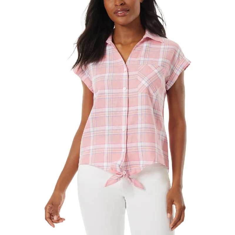 women's top luxury -Jones New York Womens Cuff Sleeve Glen Plaid Button-Down Top