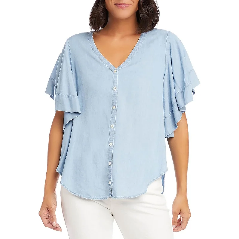 women's top best deals -Karen Kane Womens Flutter Sleeve Top Hi-Low V-Neck Button-Down Top