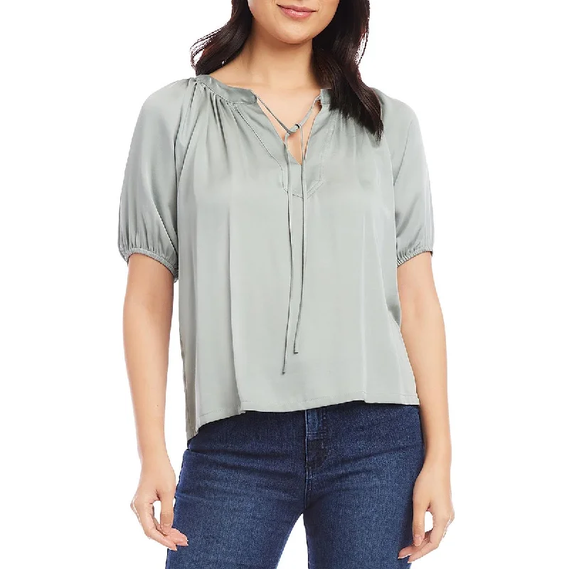 women's top wrinkle-resistant -Karen Kane Womens Satin Tie Neck Peasant Top