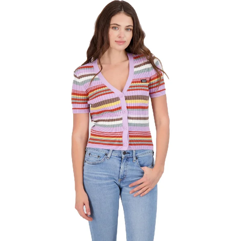 women's top for travel -Kendall + Kylie Women's Ribbed Knit Striped Short Sleeve Cardigan Top