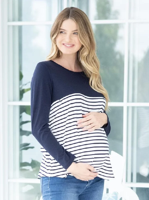 Cleo Maternity Zipper Nursing Long Sleeve Top in Navy Stripe