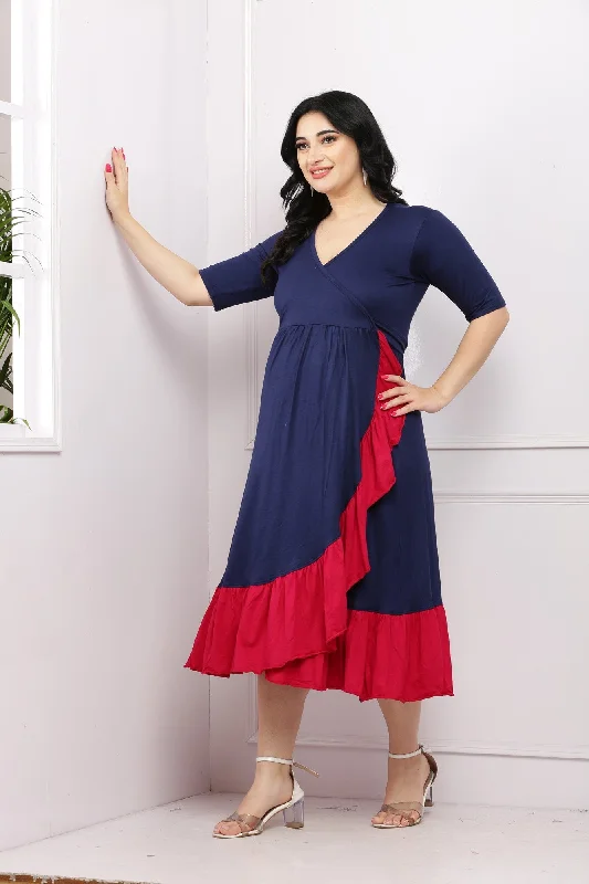 Midnight Blue Maternity & Nursing Frill Wrap Dress