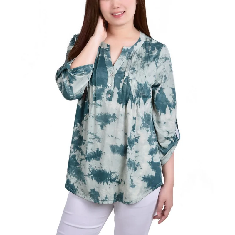 NY Collection Womens Petites Printed Pintuck Henley