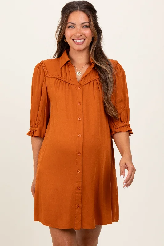 Orange Braided Trim Detail Button Down Maternity Dress