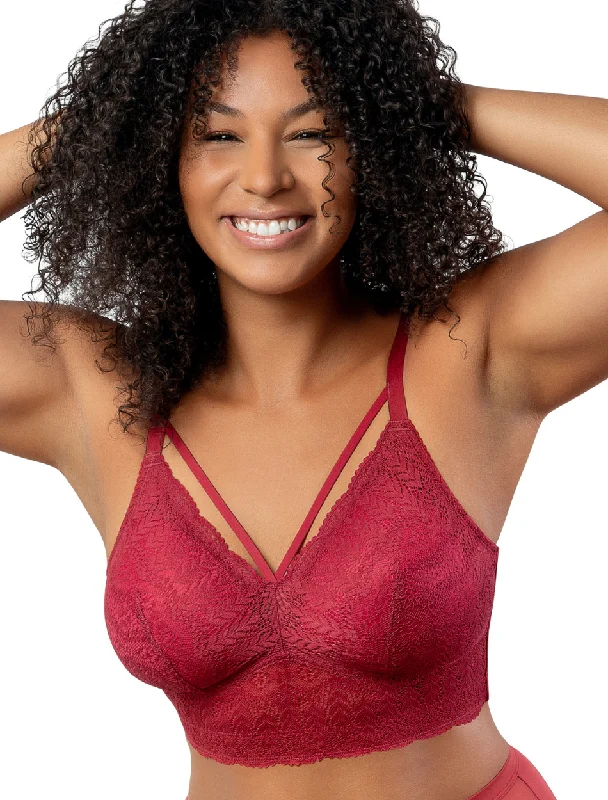 Parfait Mia Lace Dot Bra Wirefree Padded Mesh Bralette, Rio Red | Red Lace Bralette Bra | Red Longline Bras