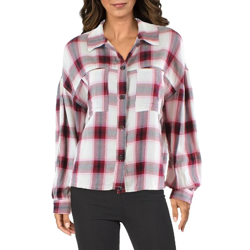 women's top easy care -Sanctuary Womens Plaid Crop Button-Down Top