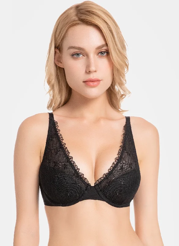 Padded Push up Bralette Plunge Embroidered Underwire Black