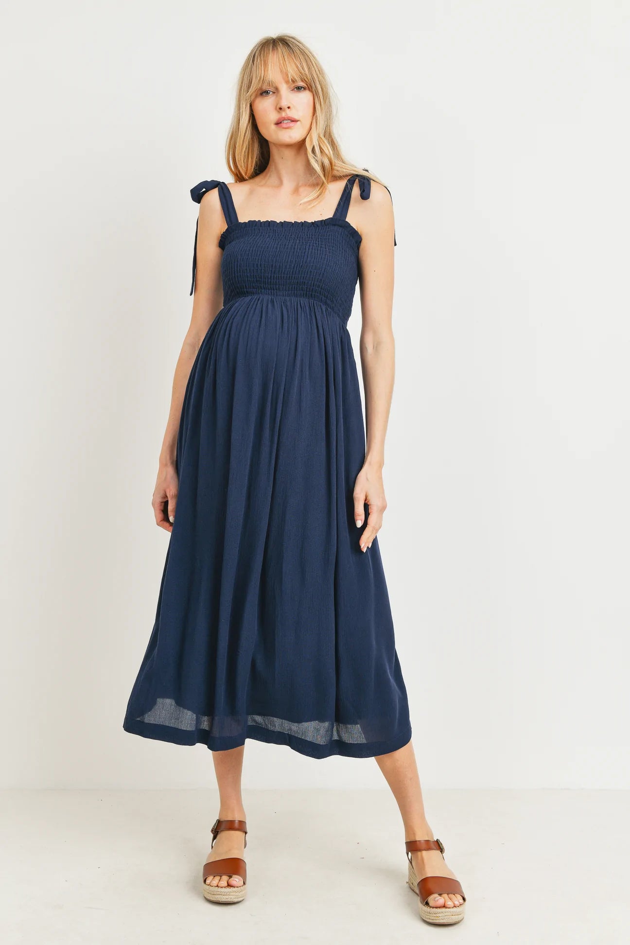 Shoulder Tie Midi Dress W/ Smocked Top