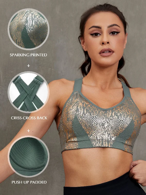 High Impact Sparkly Padded Racerback Bras Moss Green