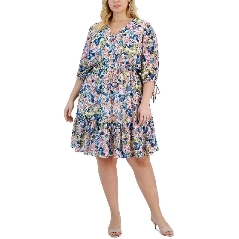 Taylor Womens Plus Knee Length Floral Print Fit & Flare Dress