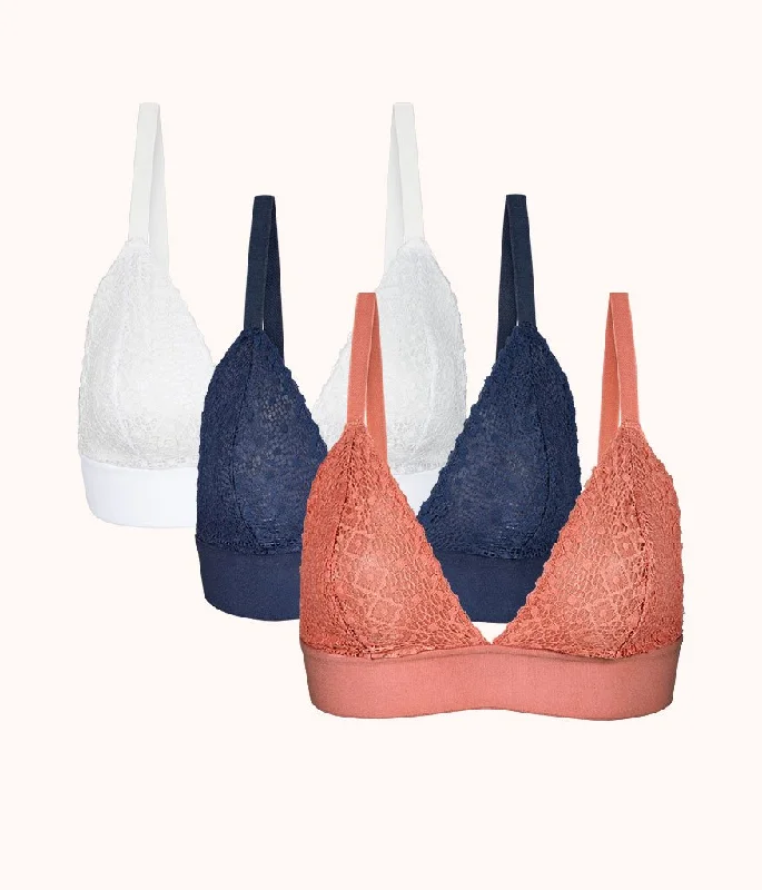 The Crochet Lace Bralette Trio: Navy/Matte Rose/White