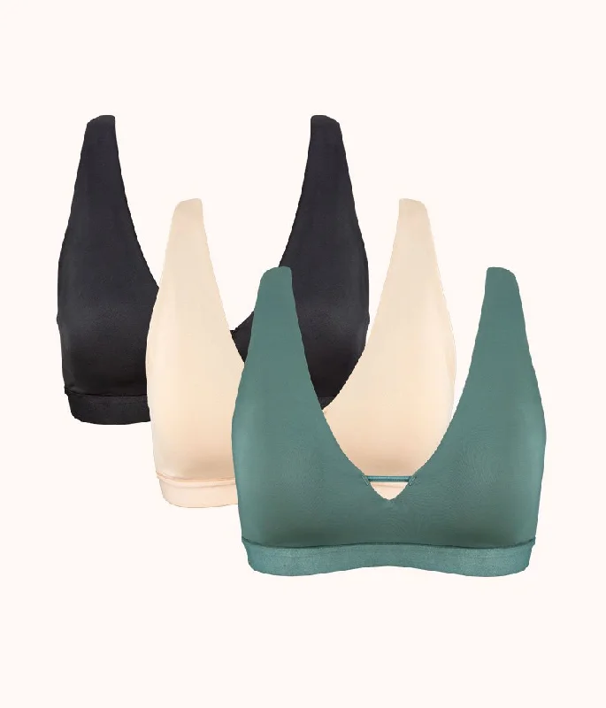 The Eco Deep V Bralette Trio: Jet Black/Toasted Almond/Harbor Green