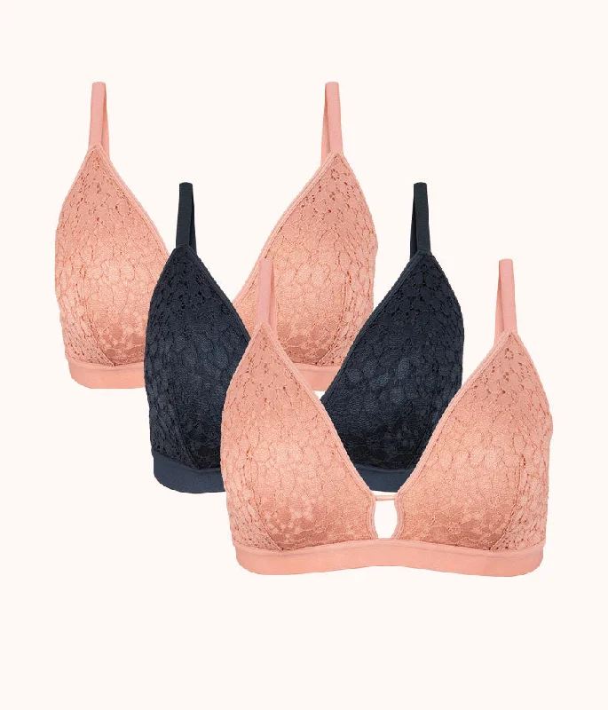 The Floral Lace Busty Bralette Trio: Shell Pink/Night Sky